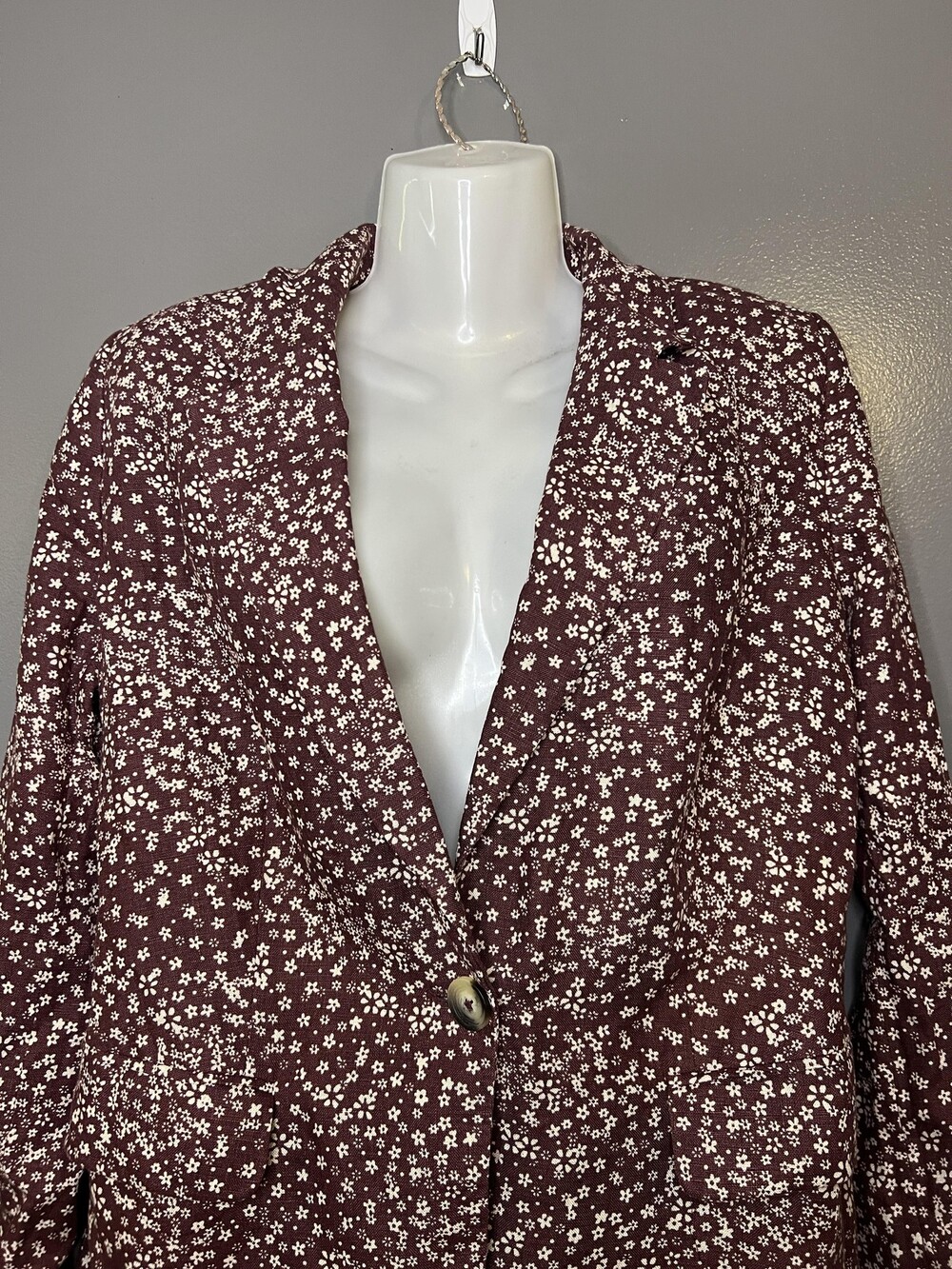 Free People Blazer Womens 2 Red Floral Print Linen Single Button Lined Jacket